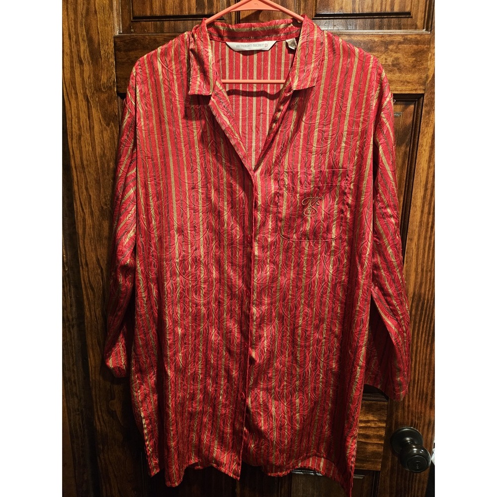 Victoria's Secret Vintage Size Medium Button Up Night Gown Red Gold Stripes